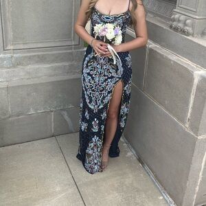 Rachel Allan Navy Gown with Multicolor Embroidery